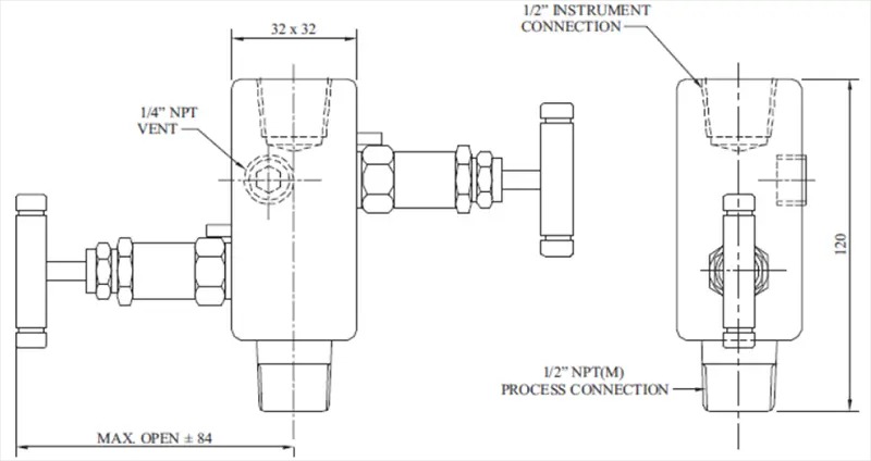2 Way Manifold Valve, SS 316L, 1/2 IN, DN15, 6000 PSI, FNPT