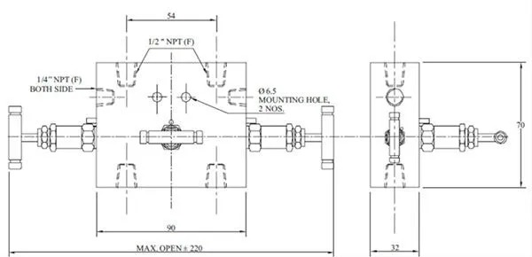 3 Way Manifold Valve, Stainless Steel 316, 1/2 IN, 6000 PSI