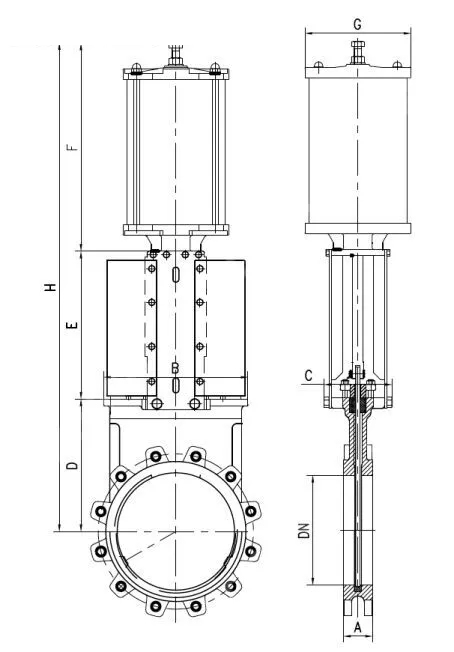 Ductile Iron Knife Gate Valves, GGG40, DN150, PN10, Pneumatic