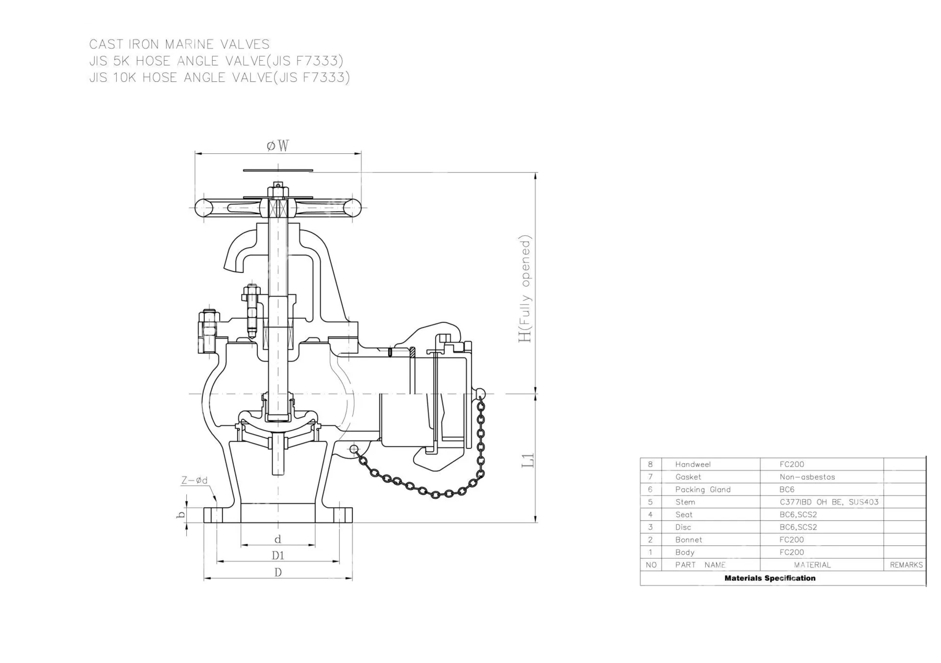 Hose Angle Globe Valve, JIS F7333, Cast Iron FC200, 50A, 5K
