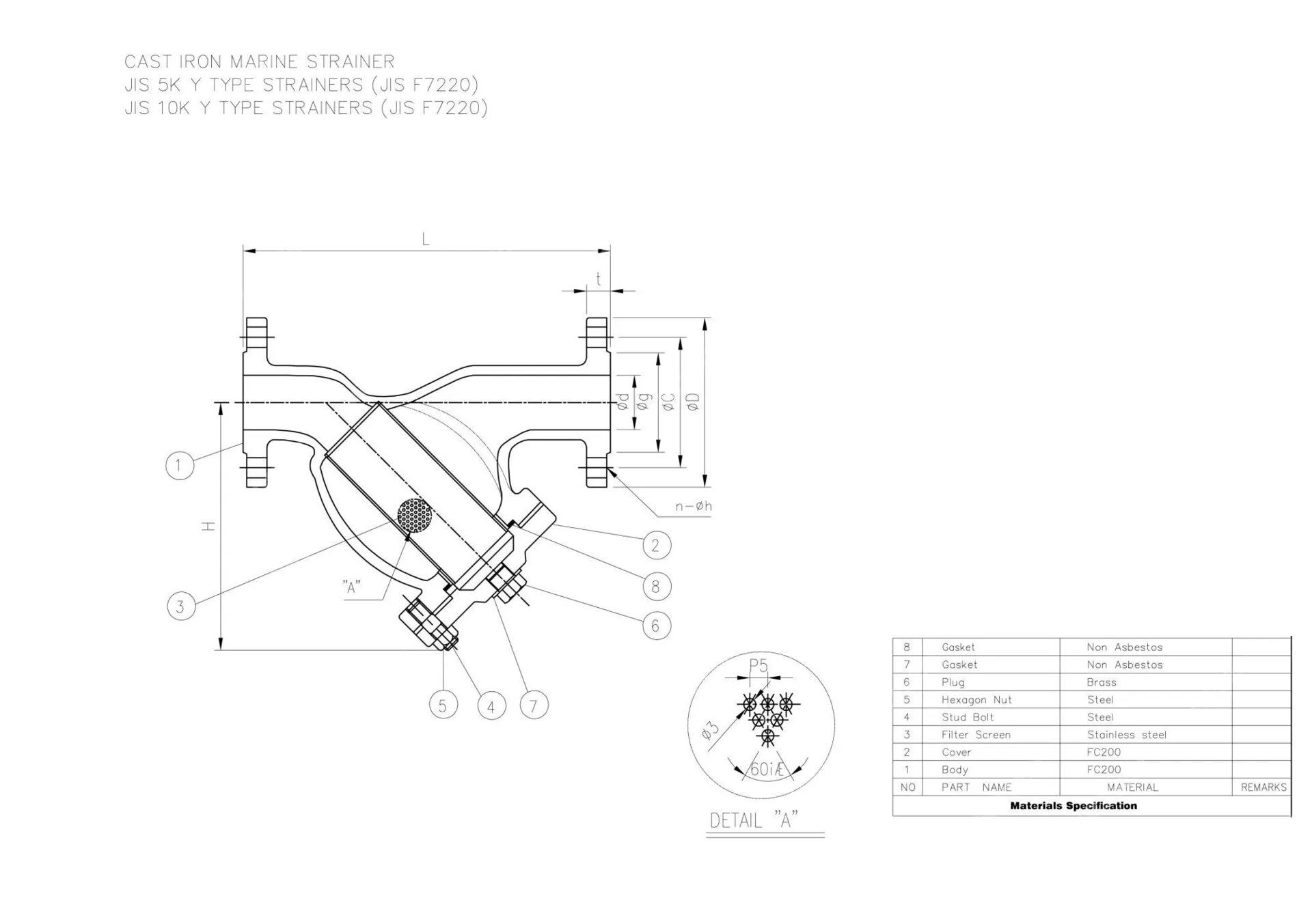 JIS F7220 Y Strainer, Cast Iron, JIS FC200, 50A, 5K, 2 Inch
