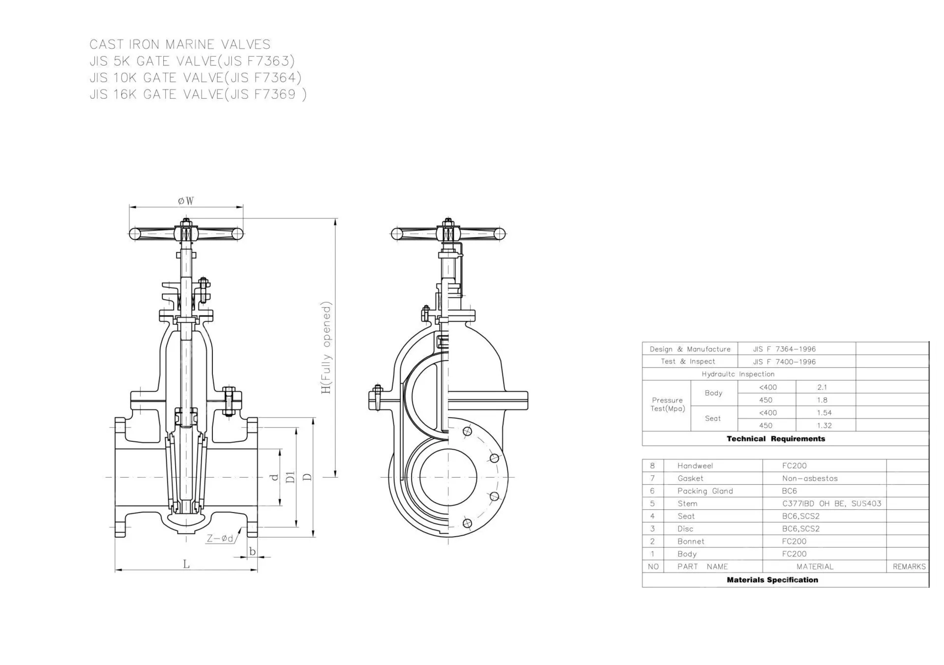 JIS F7364 Marine Gate Valve, Cast Iron, F200, 16K, 50A, 2 IN