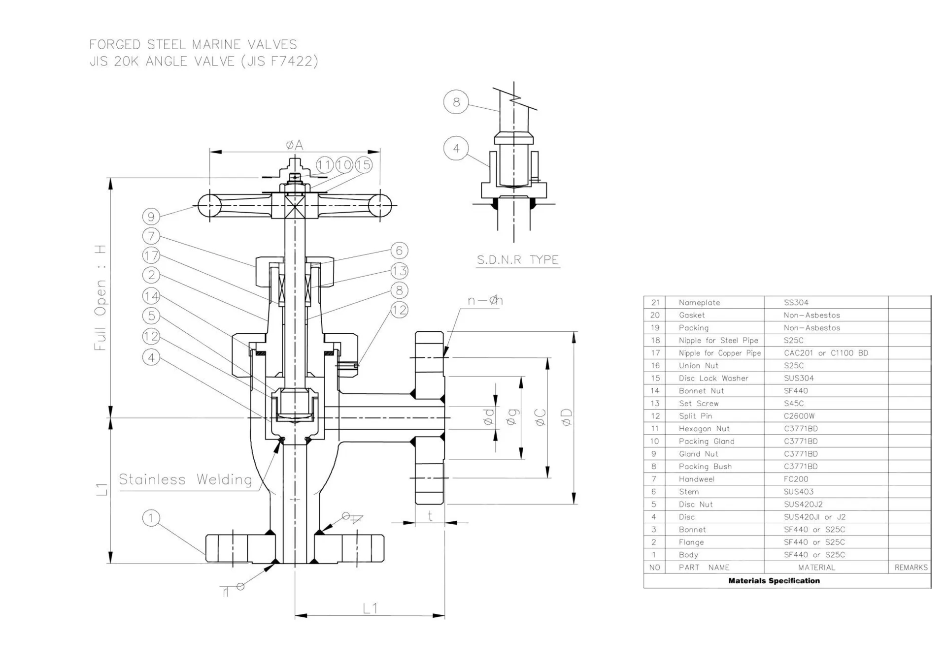 Marine Angle Globe Valve, JIS F7422, SF440, S25C, 15A, 20K