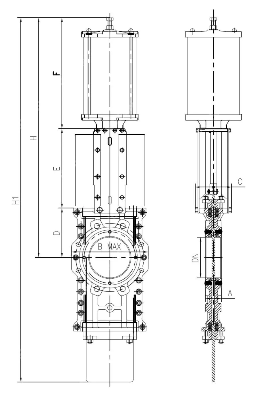 Pneumatic Actuated Knife Gate Valve, A351 CF8M, DN150, PN10