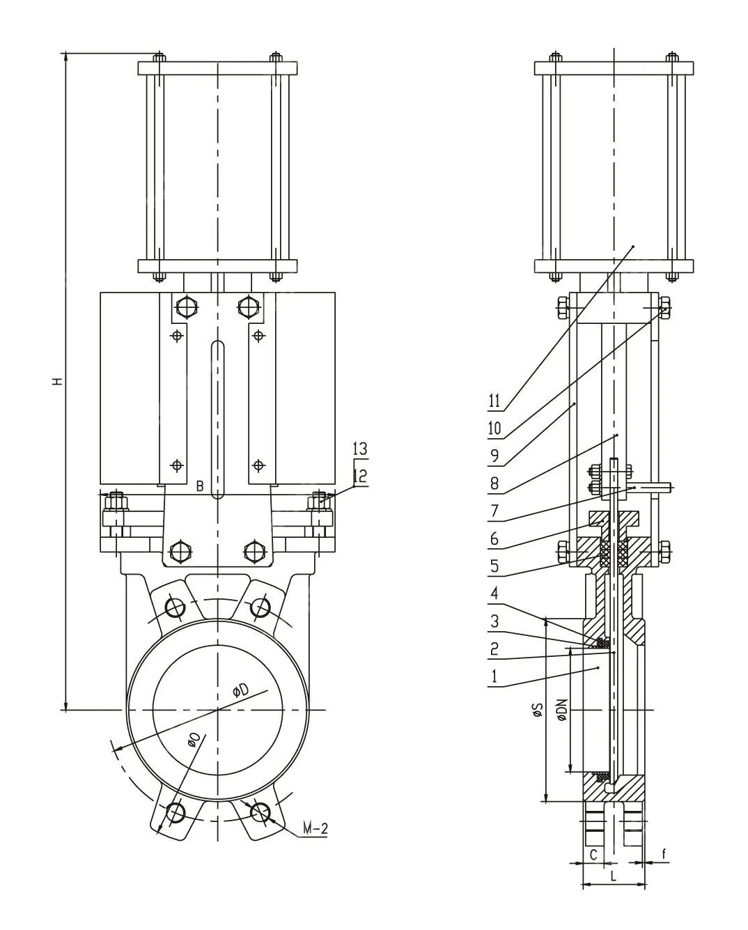 Pneumatic On-Off Knife Gate Valve, Ductile Iron, GGG40, PN10