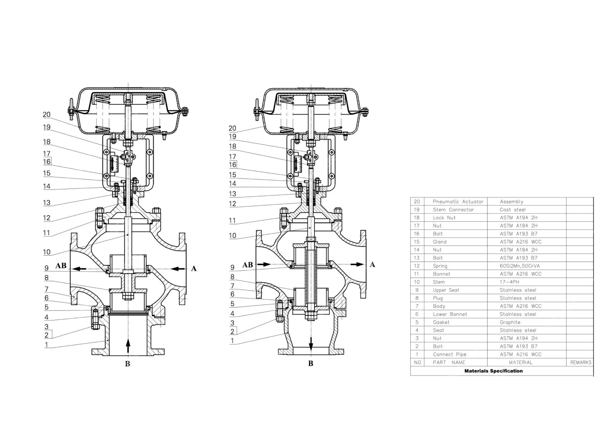 Pneumatic Three Way Control Valve, A216 WCC, 6 Inch, 150 LB