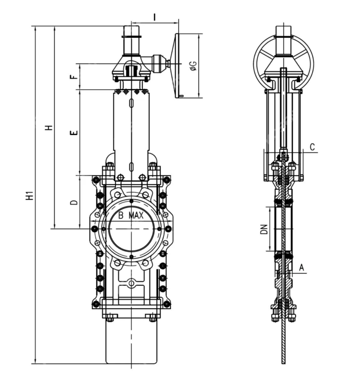 Wafer Knife Gate Valve, A351 CF8, 14 Inch, CL150, Bevel Gear